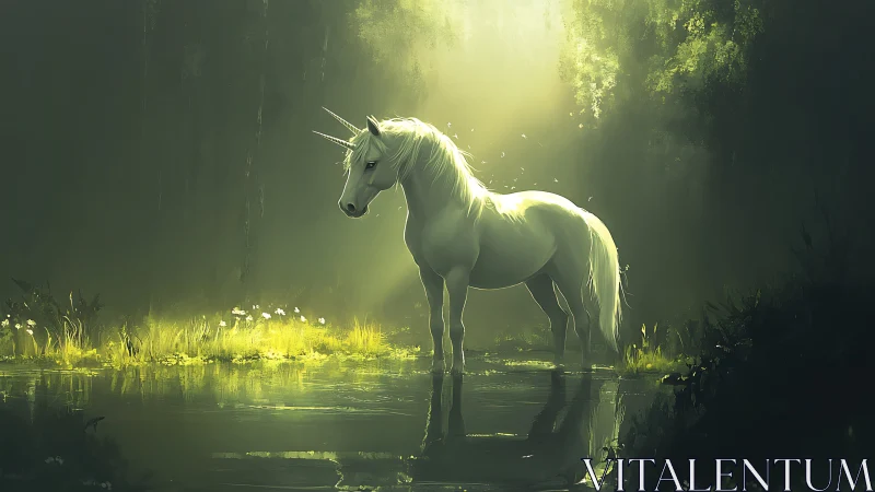 Moonlit unicorn halts in hush of emerald forest pool.