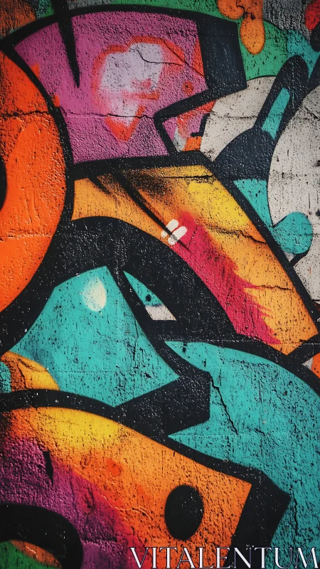 Urban turquoise and orange graffiti geometry on concrete wall.