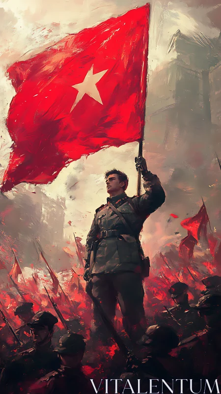 Heroic military standard-bearer in dynamic digital painting.