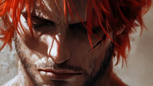 Scarred red haired warrior closes his eyes in quiet resolve