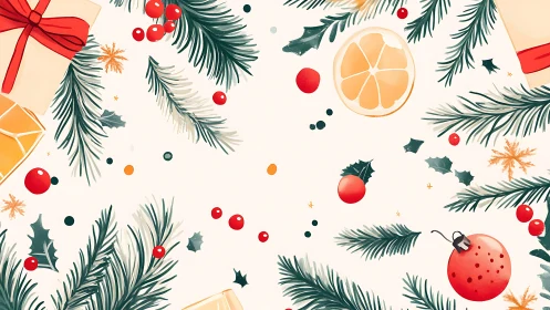 Festive botanical flat lay with pine boughs, gifts, berries, citrus