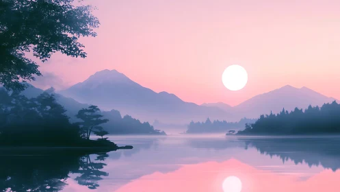 Serene pastel lake sunrise with misted mountains reflected