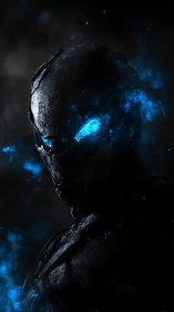 Cybernetic humanoid figure with glowing blue eyes in smoke