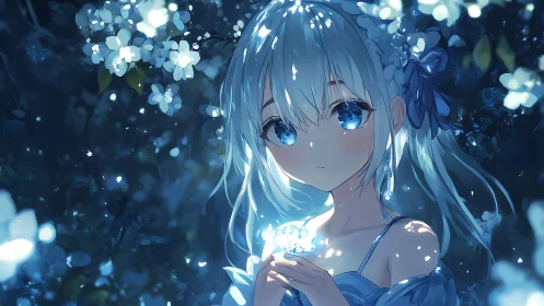 Nocturnal floral luminescence around silver-haired anime girl.