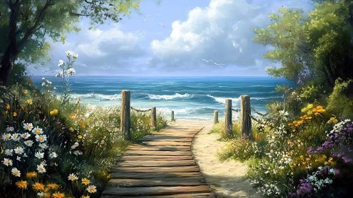 Sunlit boardwalk leads through wildflowers to a calm sea