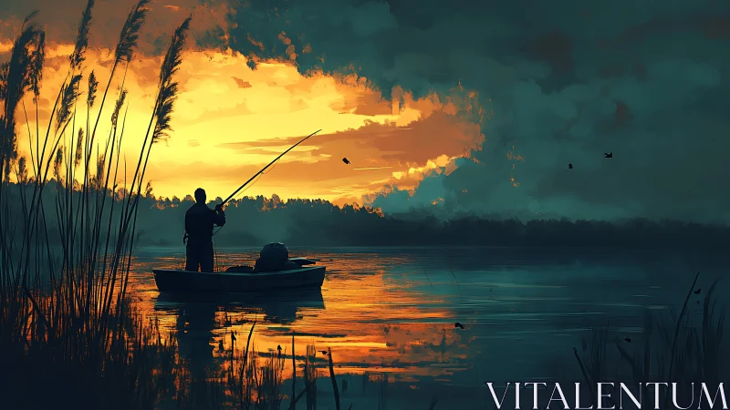 Lone angler casts over molten gold sunset lake horizon.