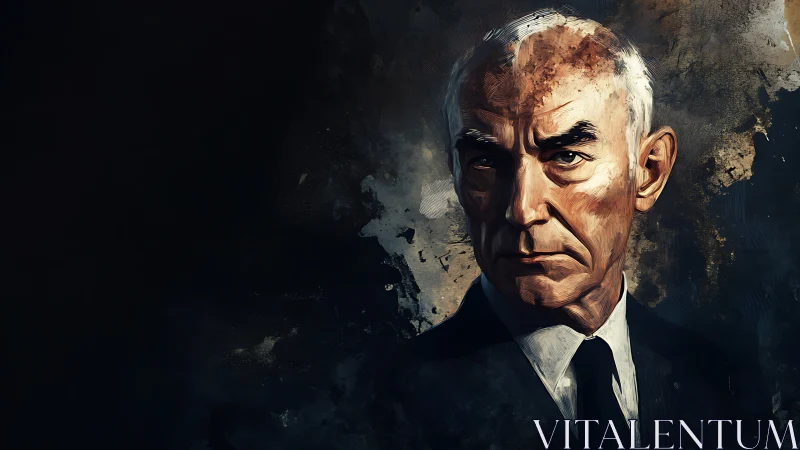 Older man in suit is portrayed against dark abstract field