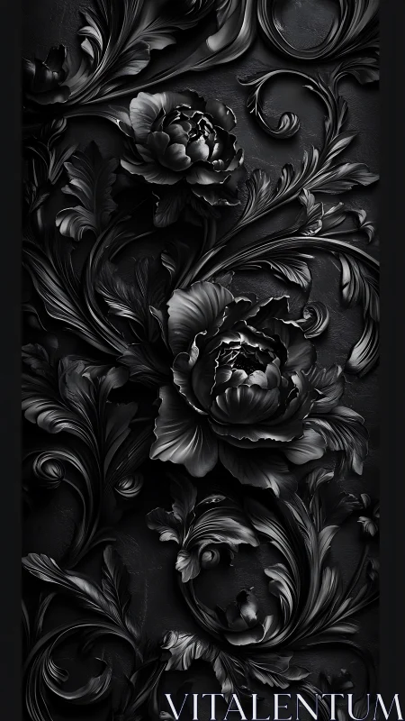 Velvety black blossoms curling through ornate shadows.