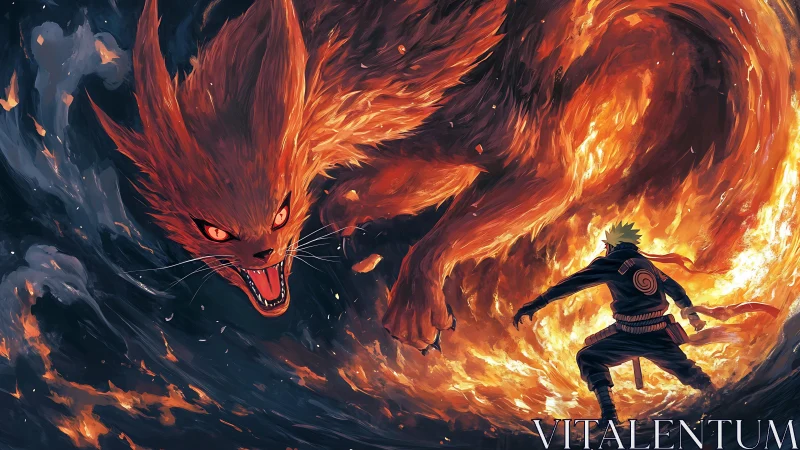 Fiery ninja confronts colossal fox spirit in swirling flames.