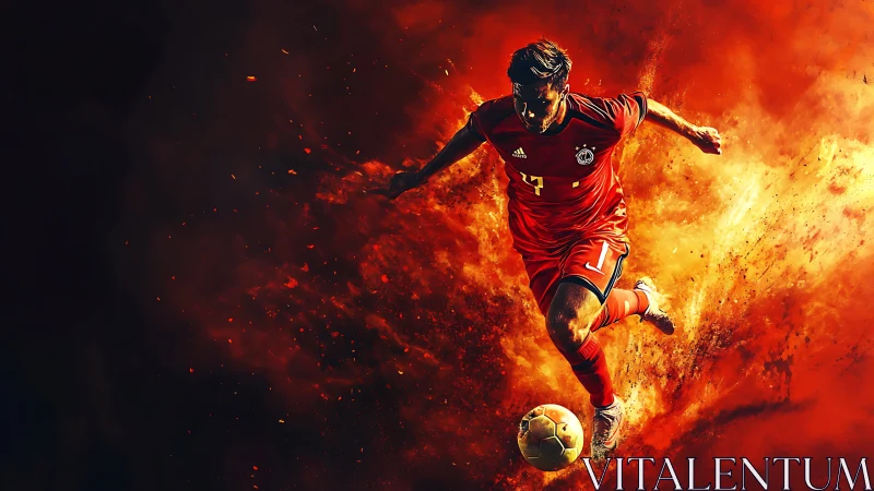 Dynamic soccer striker bursts through fiery particle field