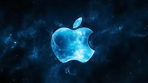 Glowing blue apple logo floating in a dreamy cosmic sky.
