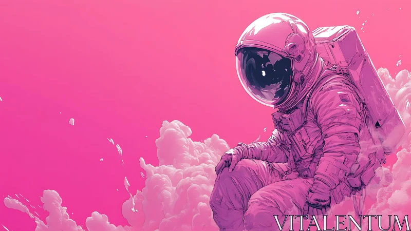 Solitary astronaut drifts through neon pink vapor clouds