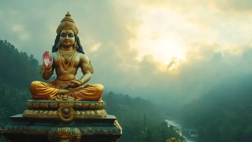 Golden child deity greets the mist-wrapped mountain dawn