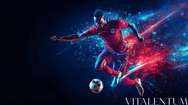 Explosive neon soccer striker in dynamic particle motion.