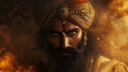 Intense royal warrior in gold turban amid swirling fire.