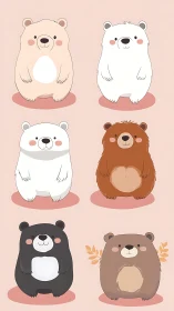 Cute cartoon bear characters in six color variations.