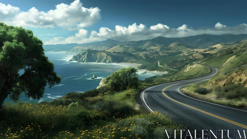 Coastal highway curves above turquoise bay under crisp daylight.