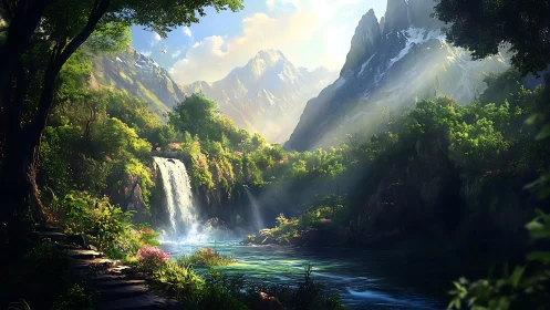 Sunlit alpine waterfall glows amid volumetric forest haze