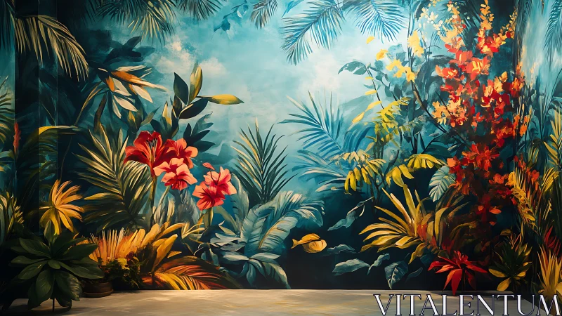Wall-scale tropical foliage mural with dense painted flora.