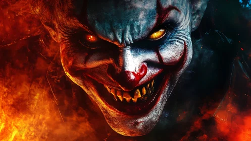 Fiery grinning clown amid glowing chaos and shadows.