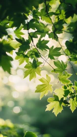 Backlit maple leaves form soft bokeh forest canopy