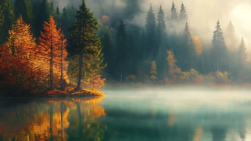 Golden autumn trees glow beside a misty reflective lake.