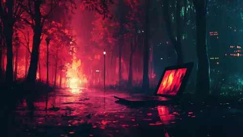 Laptop in neon-lit flooded forest with cinematic red glow