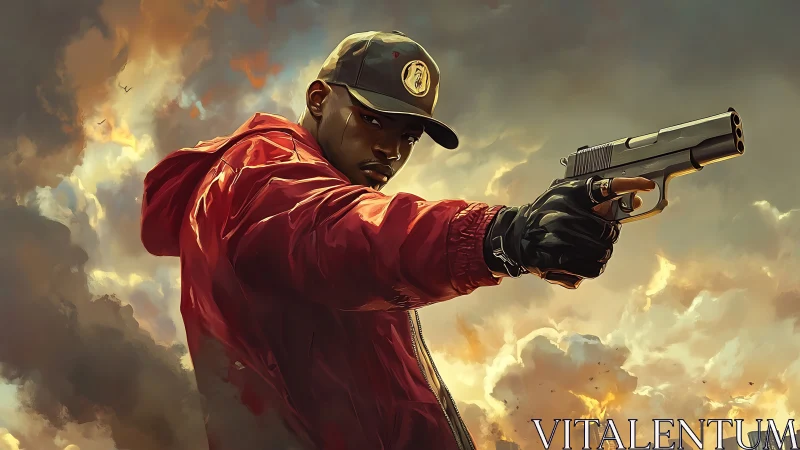 Man in red jacket aiming handgun against burning sky backdrop