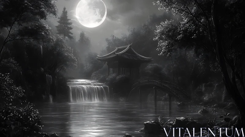 Moonlit garden pavilion rests beside a gentle forest waterfall