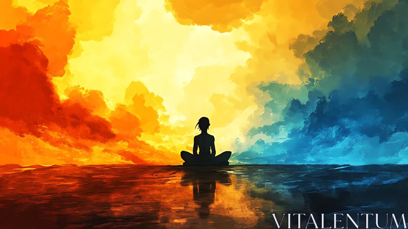 Peaceful figure resting between glowing fire and cool sky.