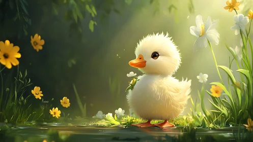 Young waterfowl positioned among flowering plants with sunlit background.