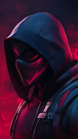 Hooded masked figure in red and blue digital lighting profile.