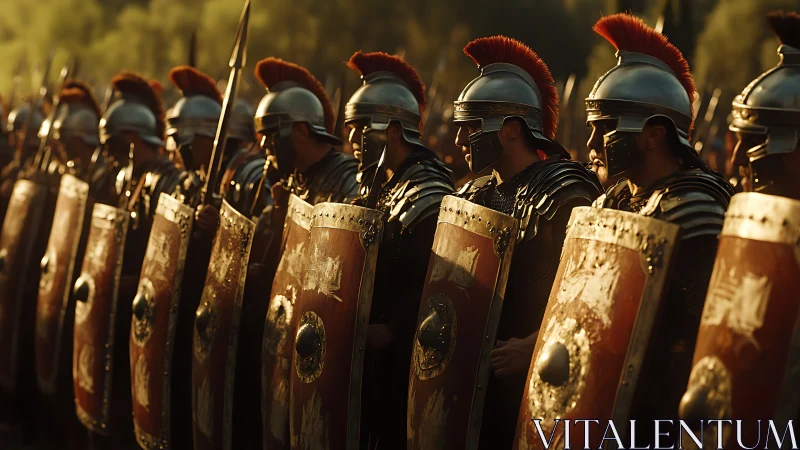 Cohesive Roman legionary shield wall under raking sunset light.