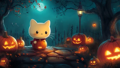 Adorable Cat in a Glowing Halloween Pumpkin Wonderland