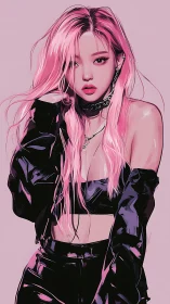 Pink-haired rebel in glossy streetwear glow portrait.
