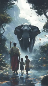 Digital painting of family and elephant in misted jungle passage.