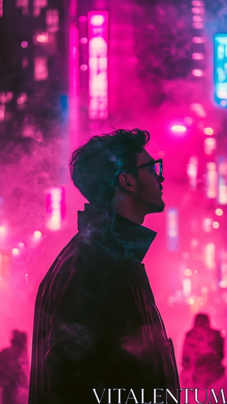 Neon-lit male silhouette in magenta urban night haze.