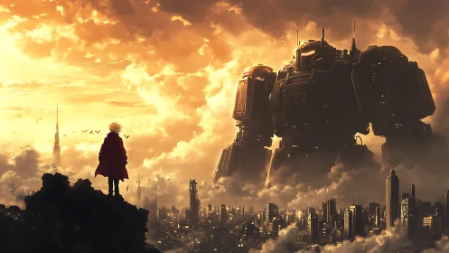 Solitary figure observes large mech above dense cityscape