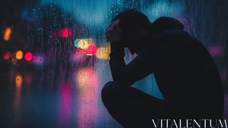 Silhouetted man crouches by rain-soaked window at night