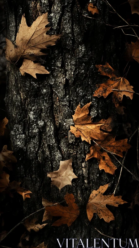 Dry brown maple leaves scattered on dark tree bark.