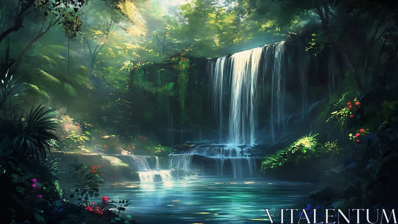 Sunlit jungle waterfall cascades into tranquil blue pool.