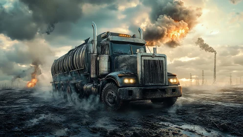 Diesel titan prowls a burning mire beneath bruised clouds