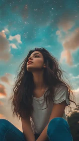 Digital painting portrait under ethereal twilight skyscape.