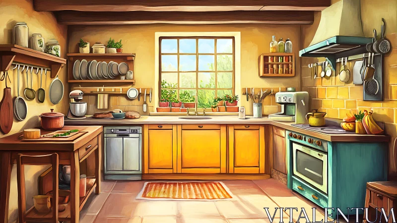 Digital illustration depicts organized country kitchen interior