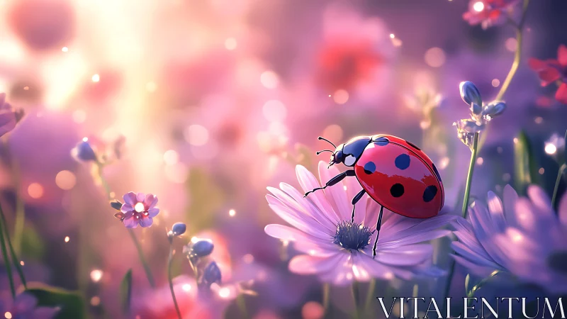 Ladybug on pastel wildflower in dreamy spring meadow.