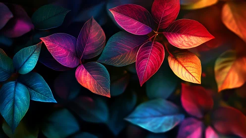 Vibrant multicolored leaves on dark blurred background.