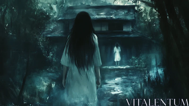 Ghostly figure stands before rural house at night