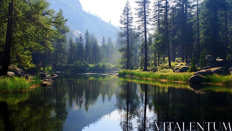 Dense conifer forest surrounds a still reflective mountain lake