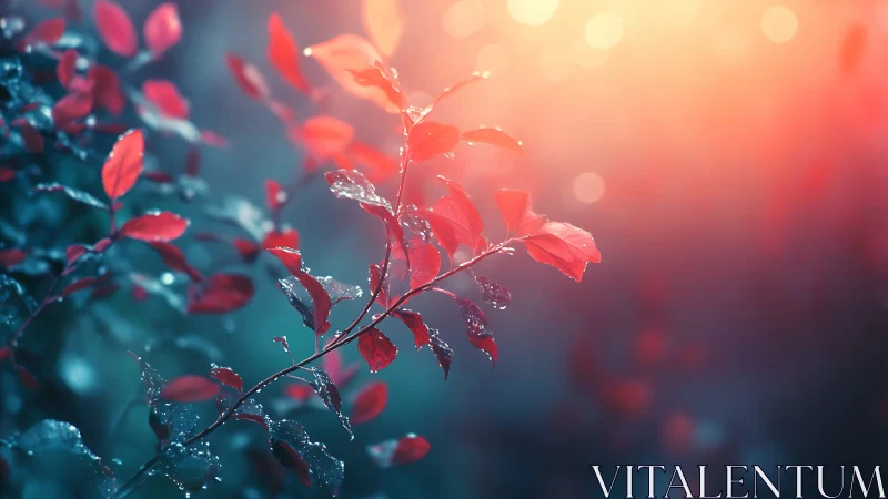 Red leaves catch soft sunrise glow in dewy forest bokeh