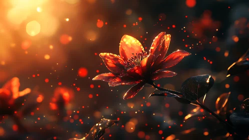 Luminous red flower glows within golden sunset bokeh field.